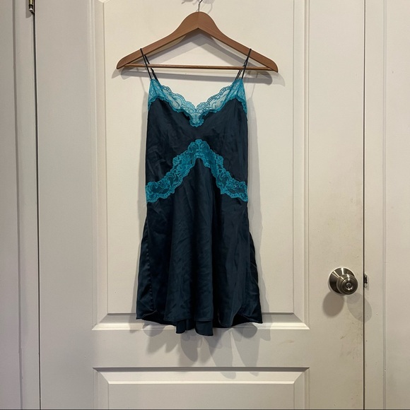 Victoria’s Secret Blue Satin Chemise With Turquoise Floral Lace Trim - Picture 2 of 3